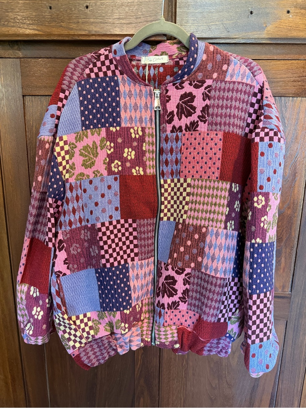 Patchwork Bomber Jacket in Pink & Red - Women's Zip Front